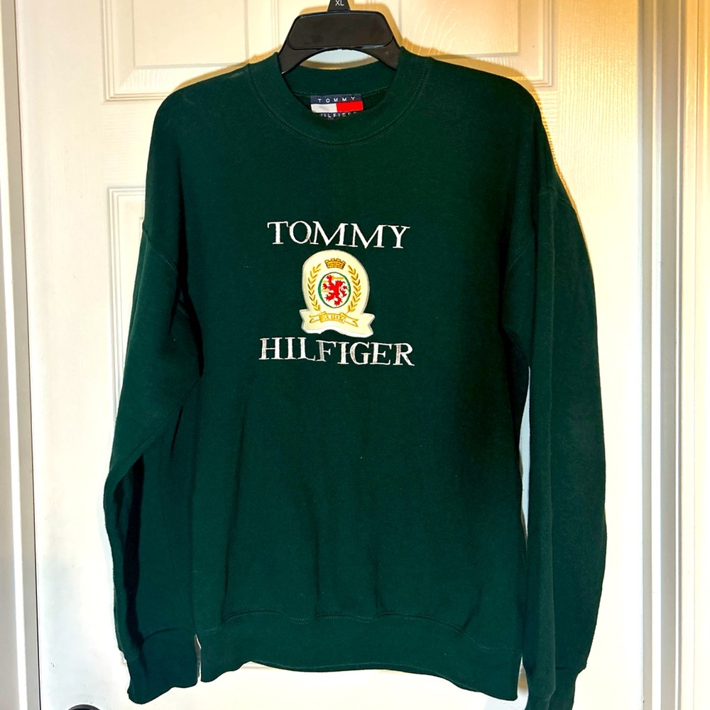 Tommy Hilfiger Green Sweatshirt Preppy Acdemia Fleece Embroidered Crest Y2K VTG